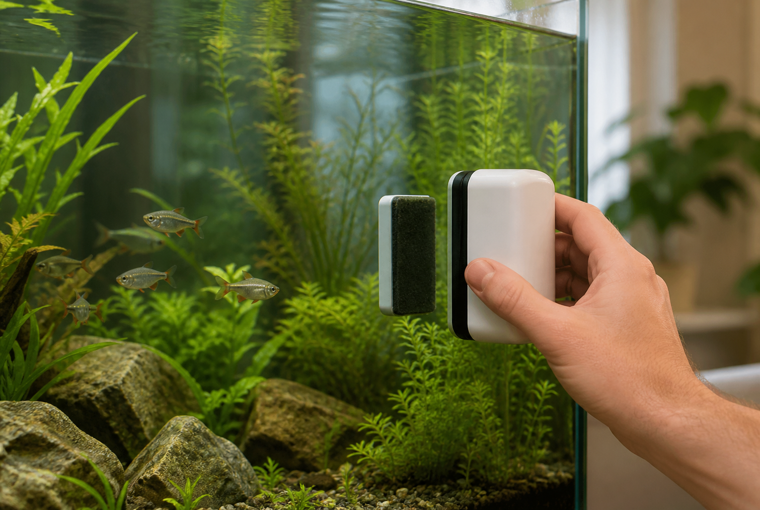Using a floating magnetic algae cleaner on the front glass of a planted aquarium
